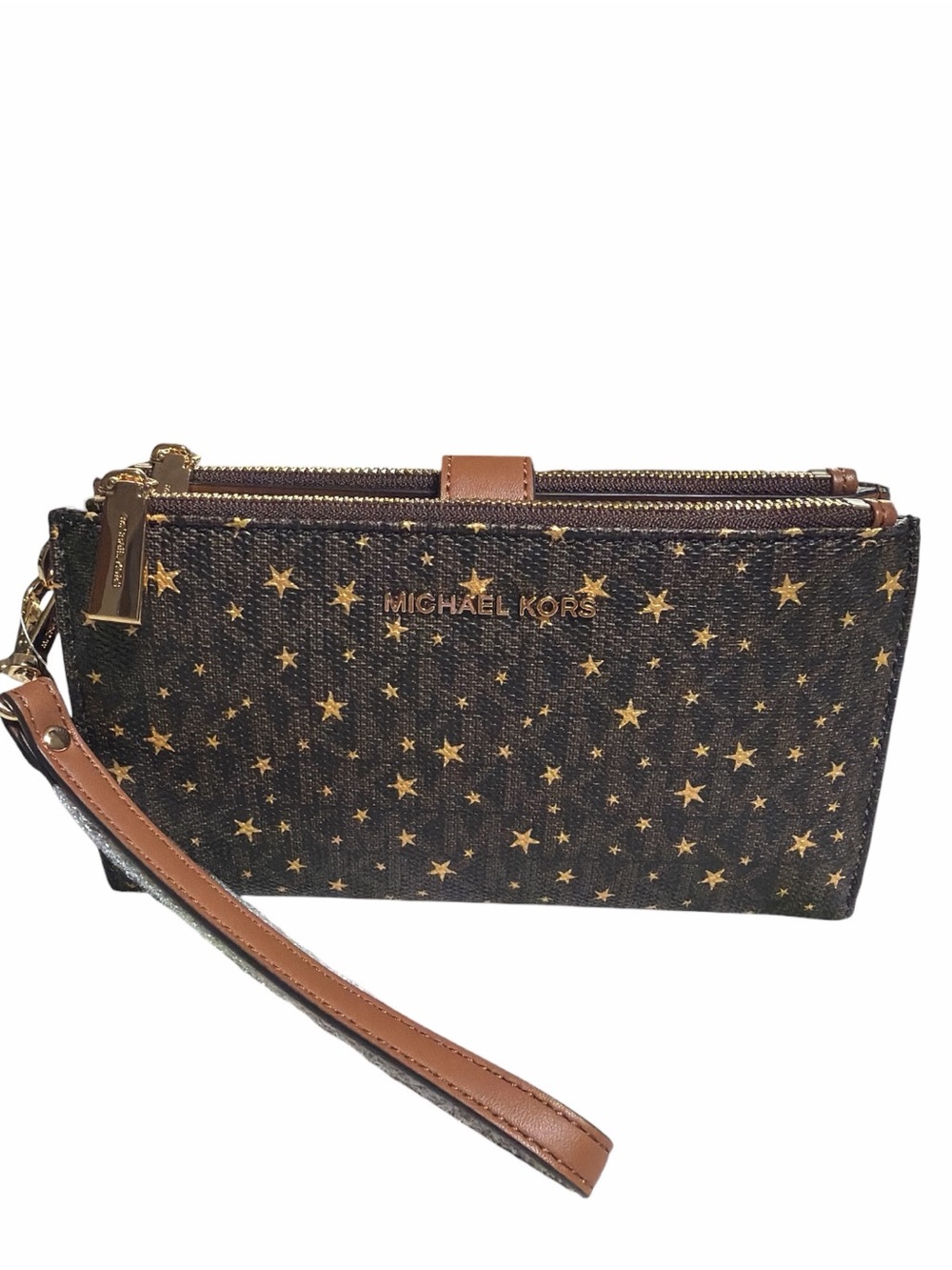Michael Kors Jet Set Double Zip Wristlet Brown Multi Star Print Wallet Phone